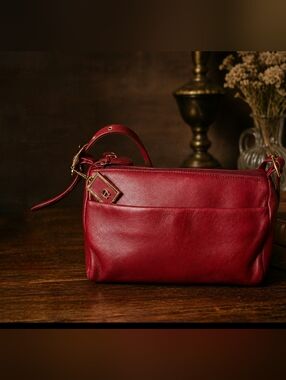 Vintage Etienne Aigner Red Leather Shoulder Bag Gold Charm Mini Baguette Y2K